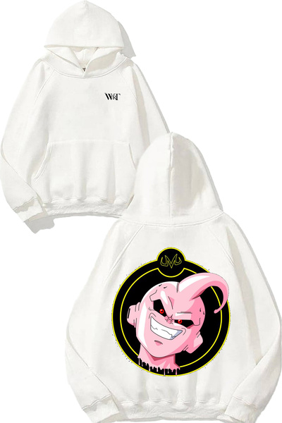 THEWERT Hanorac cu glugă alb cu imprimeu pe spate cu design cerc galben Kid Buu