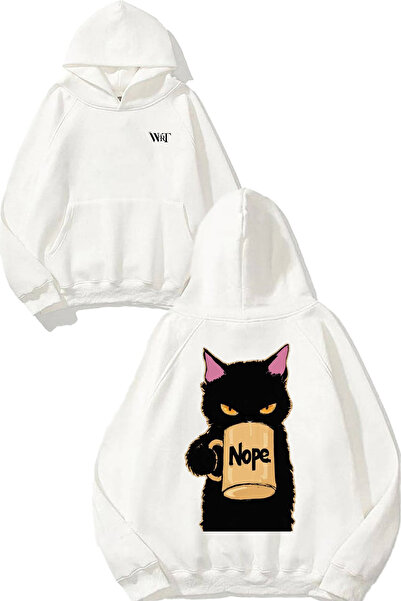 THEWERT Hanorac alb cu glugă cu imprimeu pe spate Nope Cat Design