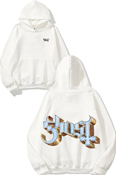 THEWERT Hanorac alb cu glugă cu imprimeu pe spate cu design cu logo Ghost Impera