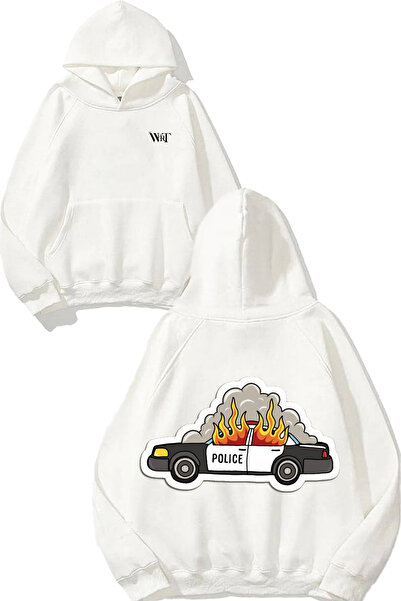 THEWERT سويت شيرت أبيض بقلنسوة مطبوع عليه تصميم سيارة الشرطة المحترقة