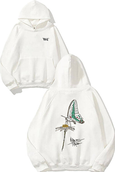 THEWERT Hanorac alb cu glugă cu imprimeu pe spate cu design Daisy Butterfly