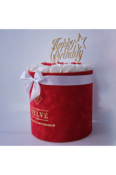 velve Aranjament floral cu 25 trandafiri albi/rosii din sapun si mesaj "Happy...