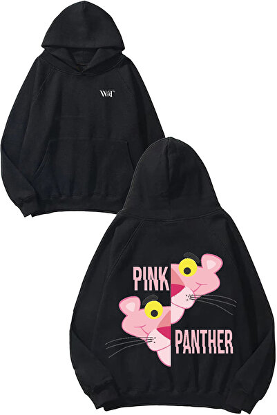 THEWERT Hanorac negru cu glugă cu imprimeu pe spate cu jumătate de design Pink Panther