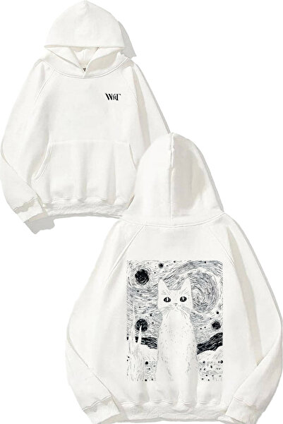 THEWERT Суитшърт с качулка, бял, с принт на котка на гърба