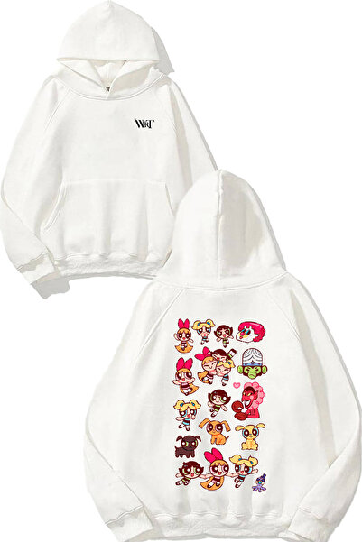 THEWERT Powerpuff Girls Мулти-дизайн бяла суитшърт с качулка и печат на гърба