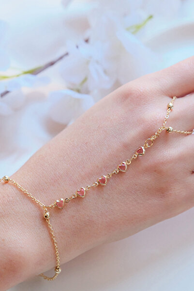 AURRARİ Gold Zirkon Pembe Kalp Sıralı Taşlı Şahmeran