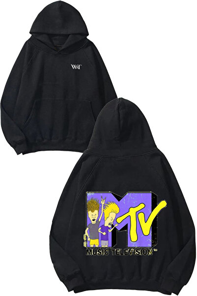 THEWERT Hanorac negru cu glugă cu imprimeu pe spate Music Television Metal Design