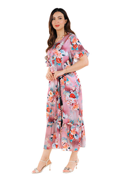 amaan Modern Womens Floral Print Satin Midi Jalabiya Dress, Traditional Arabic Style with Ruffle Sleeves,