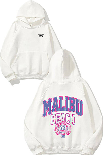 THEWERT سويت شيرت أبيض بقلنسوة مطبوع عليه تصميم ماليبو بيتش