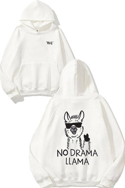 THEWERT Hanorac alb cu glugă cu imprimeu pe spate No Drama Llama Design