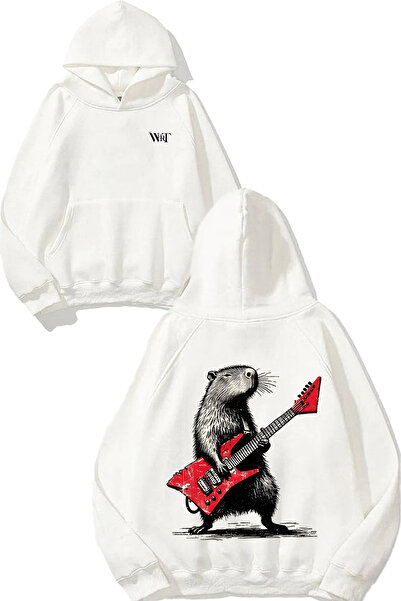 THEWERT Hanorac alb cu glugă cu imprimeu pe spate cu design Guitar Capybara R...