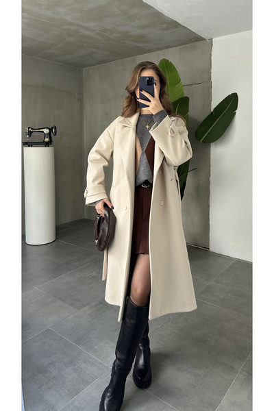 asfamoda Γυναικείο Κρεμ Παλτό Μακρύ Καστανό Παλτό Πολυτελείας Ποιότητας με Ζώνη Ολόσωμο