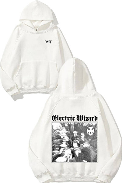 THEWERT Hanorac alb cu glugă cu imprimeu pe spate Electric Wizard Fanwork Design