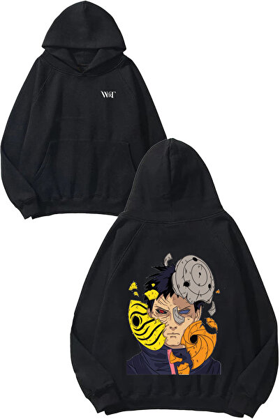 THEWERT Obito Mask Anime Design Hanorac negru cu glugă imprimat pe spate