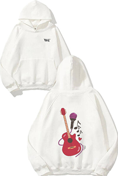 THEWERT Hanorac alb cu glugă cu imprimeu pe spate cu design de chitară și microfon