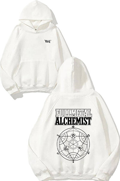 THEWERT Hanorac alb cu glugă cu imprimeu pe spate Full Metal Alchemist 1