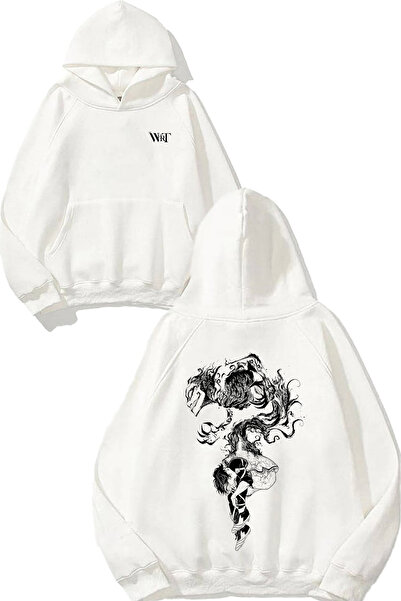 THEWERT سويت شيرت أبيض بقلنسوة مطبوع عليه تصميم رسم ميجورو باشييرا