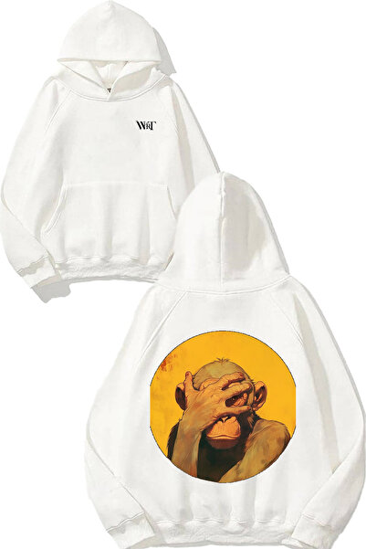 THEWERT Hanorac alb cu glugă cu imprimeu pe spate Utanan Monkey Design