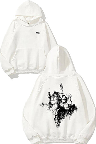 THEWERT Hanorac alb cu glugă cu imprimeu pe spate cu desen de castel