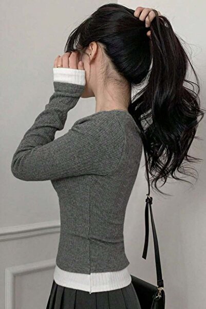 harmony factory Smoked Lace Bow Attached Y2K Long Sleeve Crop Blouse