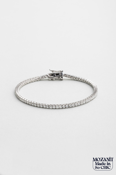 So CHIC... Mozanit Rüyası 18 Ayar Beyaz Altın Kaplama 17 Cm Gümüş Su Yolu Bileklik