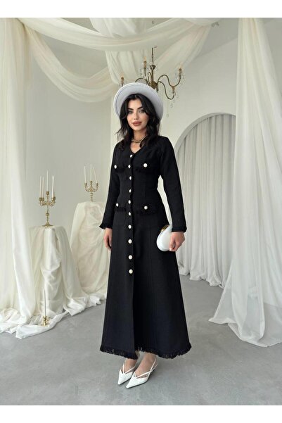 conconmoda Fari Düğme Detaylı Uzun Elbise