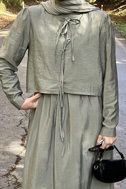 lamelif Διπλό Σετ Τζιλέτας Χιτζάμπ με Λεπτομέρεια Δεσίματος με Φιόγκο στο Μπροστινό Μέρος, Πράσινο