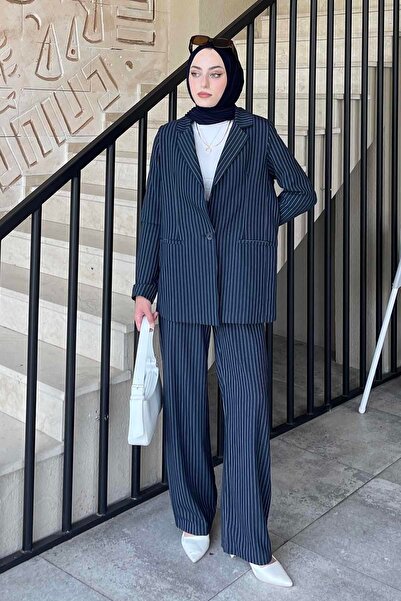 lamelif Striped Jacket Hijab Set Navy Blue