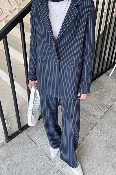 lamelif Striped Jacket Hijab Set Navy Blue