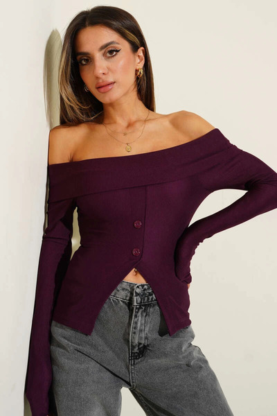 Ethab Ticaret Madonna Collared Buttoned Blouse Plum