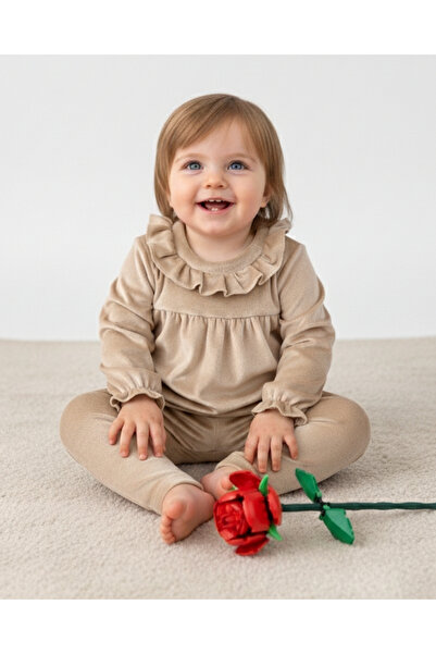 asliva Bebek Kadife Takım - Kız Bebek Volanlı yaka Alt Üst Takım - 9-12 ay, 1...