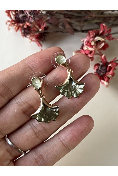 BURÇİN AKSESUAR Ginko Ağacı Yaprağı Haki Yeşili Tasarım Küpe