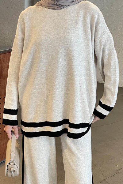 lamelif Striped Pants Knitwear Hijab Set Cream