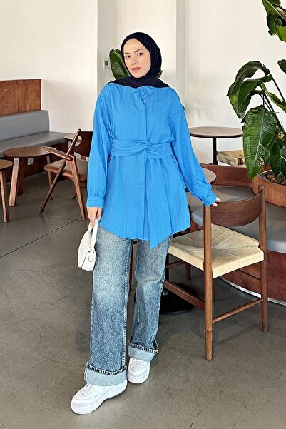 lamelif Tunic Shirt with Tie at the Waist Blue