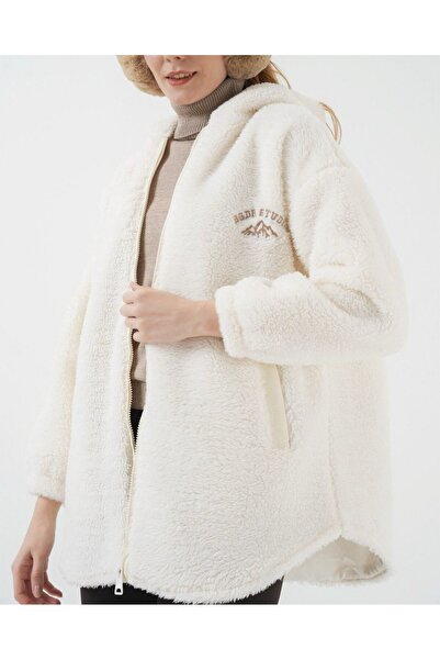 Modamorfo Hooded Zippered Kangaroo Pocket Lined Plush Coat - Ecru