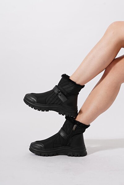 Moda Pie Kefsuh Yan Tokalı Paraşüt Kadın Bot Siyah