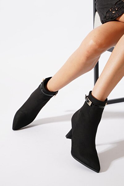 Moda Pie Serena Yan Tokalı İnce Ökçe Kadın Topuklu Bot Siyah Süet