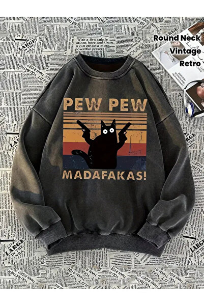 Gofeel Cat & Sunset Patterned Washable Crew Neck Printed Sweatshirt