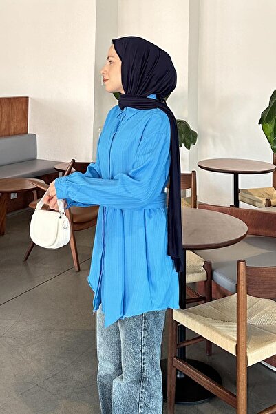 lamelif Tunic Shirt with Tie at the Waist Blue