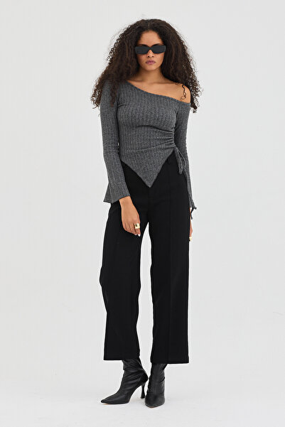 Eco Sense Asymmetrical Cut Ribbed One Shoulder Stylish Blouse - Gray