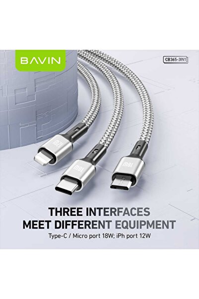 Bavin 3 in 1 Nylon Braided Data Cable 18W Fast Charging Compatible with Type-C, Micro and iPhone