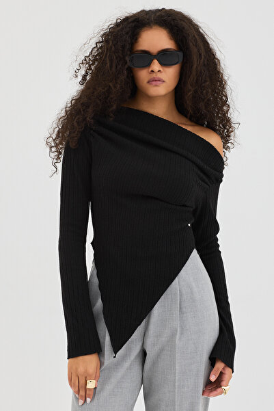 Eco Sense Bluză pentru femei, cu un singur umăr, cu mânecă lungă, asimetrică, din material elastic - negru