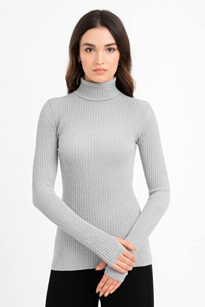ALDAYER Turtleneck Ribbed Pullover with Finger Loop Sleeve Detail