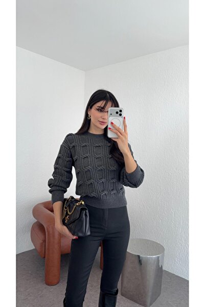 HAZELANNA Pulover antracit tricotat cu lanț