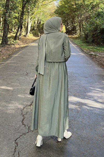 lamelif Διπλό Σετ Τζιλέτας Χιτζάμπ με Λεπτομέρεια Δεσίματος με Φιόγκο στο Μπροστινό Μέρος, Πράσινο