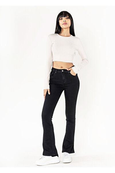 Nina Carter Γυναικείο μαύρο παντελόνι τζιν με φαρδιά μπατζάκια B-P079 M8