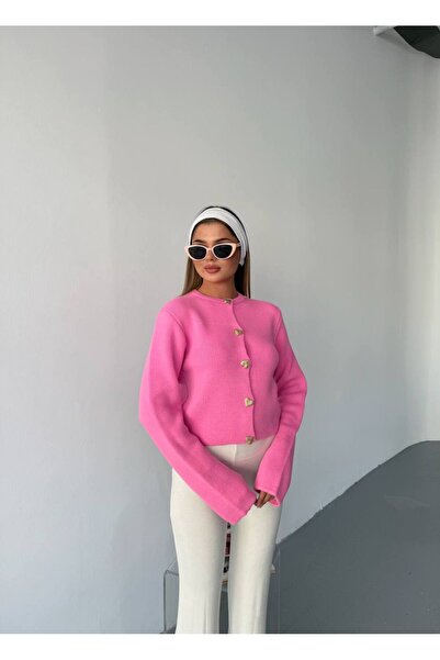 hiraz fashion Women's Pink Heart Button Soft Textured Cardigan