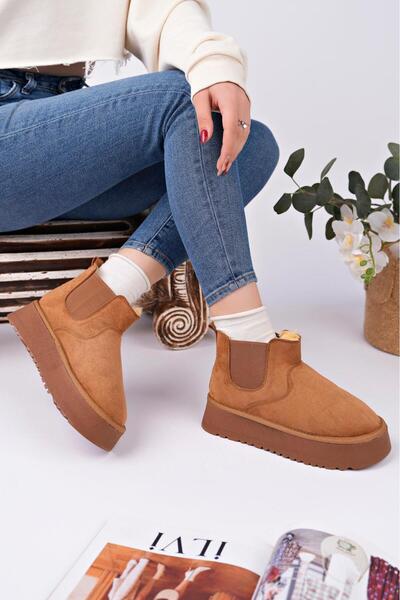 moun shoes Γυναικείες μπότες Mini Tan Suede με επένδυση από γούνα, ελαστικές πλαϊνές άκρες και χοντρή σόλα