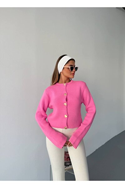 hiraz fashion Women's Pink Heart Button Soft Textured Cardigan