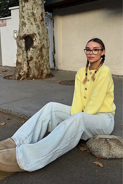 hiraz fashion Women's Yellow Heart Button Soft Textured Cardigan